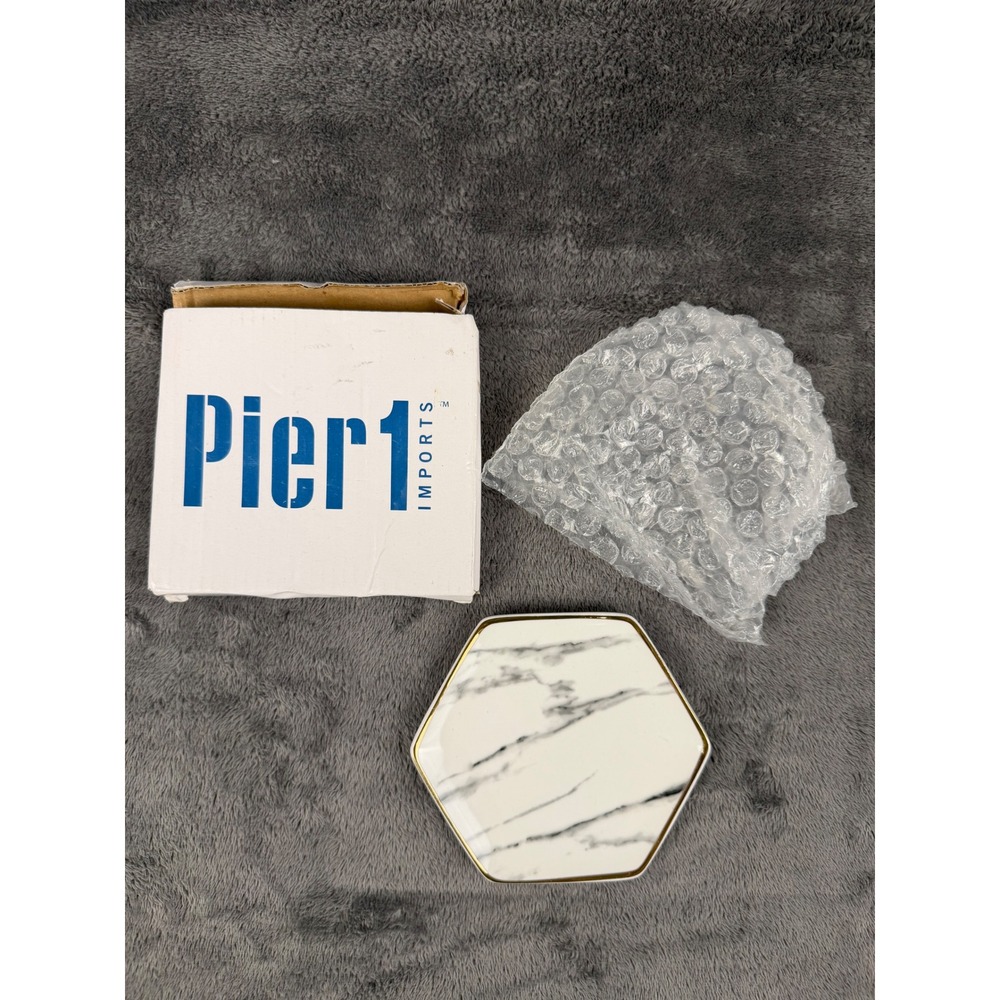 Pier 1 Imports Trinket Tray White Marble Gold Rim Hexagon NEW